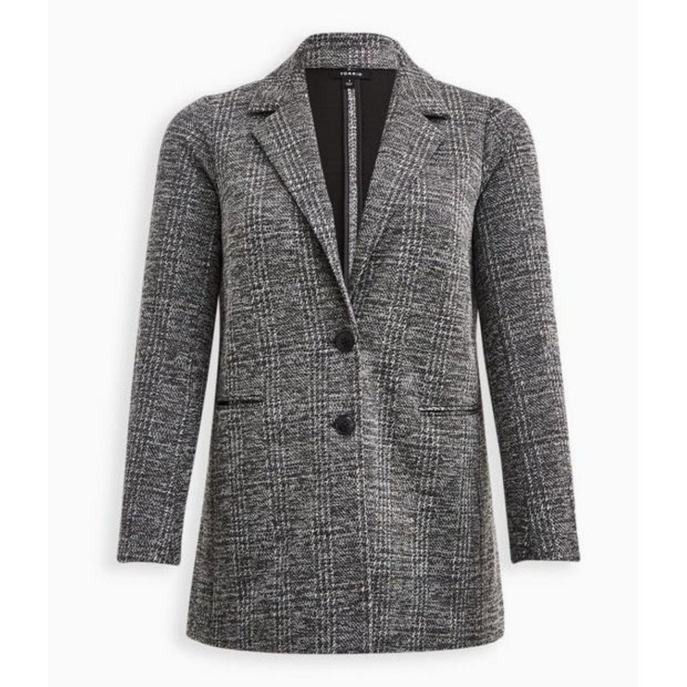 Torrid Knit Blazer Women Sz 1 Grey Black Plaid Longline 2-Button Career Jacket - Picture 2 of 15